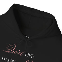 Less Noise, More Joy – The Quiet Life Happy Life Hoodie 2